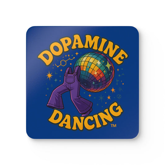 Dopamine Dancing Corkwood Coaster Set, Fun Drink Coasters, Unique Gifts for Unicorn Lovers, Home Decor, Party Supplies, coloured text on white