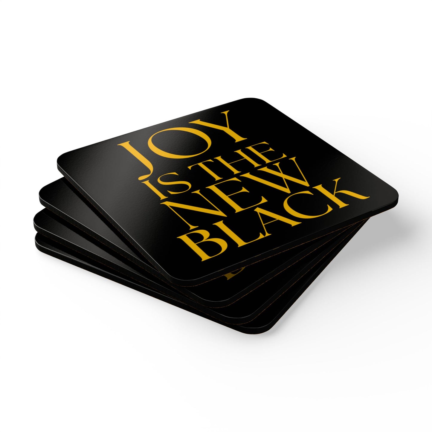 Joy is the New Black Corkwood Coaster Set, Fun Drink Coasters, Unique Gifts for Unicorn Lovers, Home Decor, Party Supplies, gold text on black