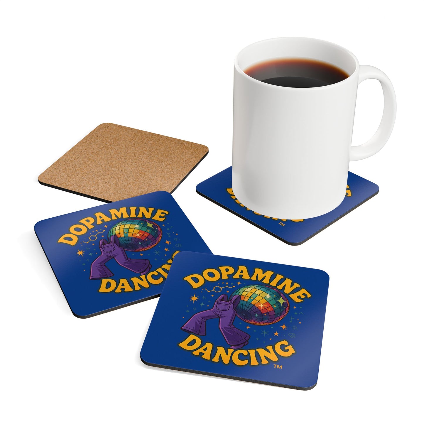 Dopamine Dancing Corkwood Coaster Set, Fun Drink Coasters, Unique Gifts for Unicorn Lovers, Home Decor, Party Supplies, coloured text on white
