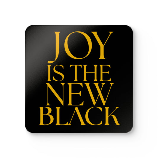 Joy is the New Black Corkwood Coaster Set, Fun Drink Coasters, Unique Gifts for Unicorn Lovers, Home Decor, Party Supplies, gold text on black