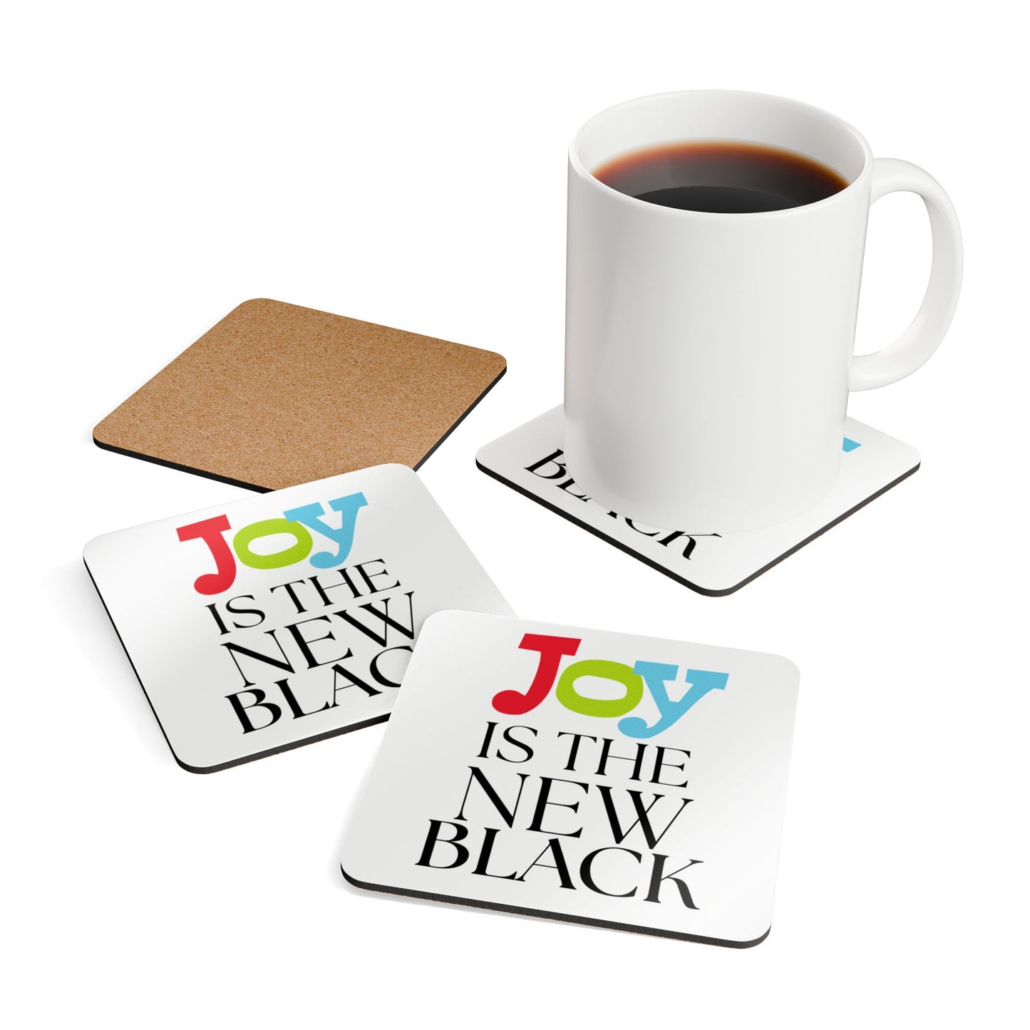 Joy is the New Black  Corkwood Coaster Set, Fun Drink Coasters, Unique Gifts for Unicorn Lovers, Home Decor, Party Supplies, coloured text on white