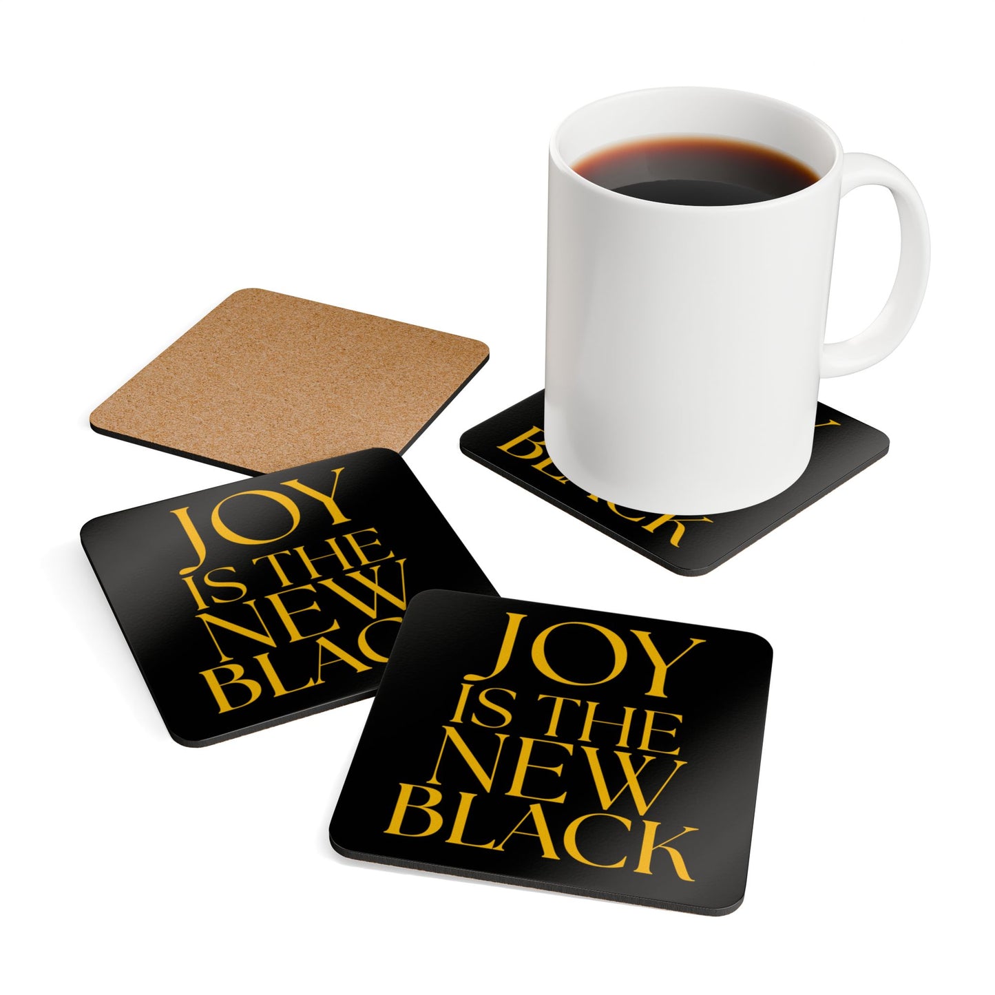 Joy is the New Black Corkwood Coaster Set, Fun Drink Coasters, Unique Gifts for Unicorn Lovers, Home Decor, Party Supplies, gold text on black